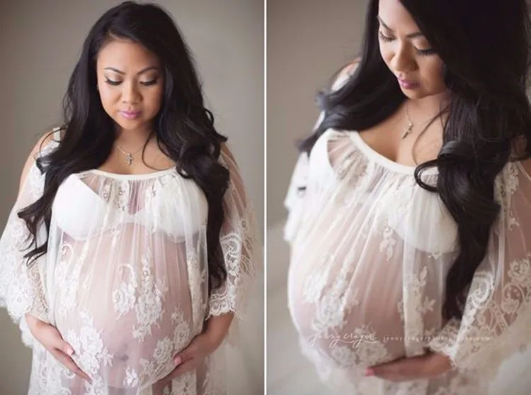 Lace Maternity Photography Dress Lady Beach Dress Pregnant Women Photo Strapless Skirt Clothing Sexy Strap Sheer Floral Crochet