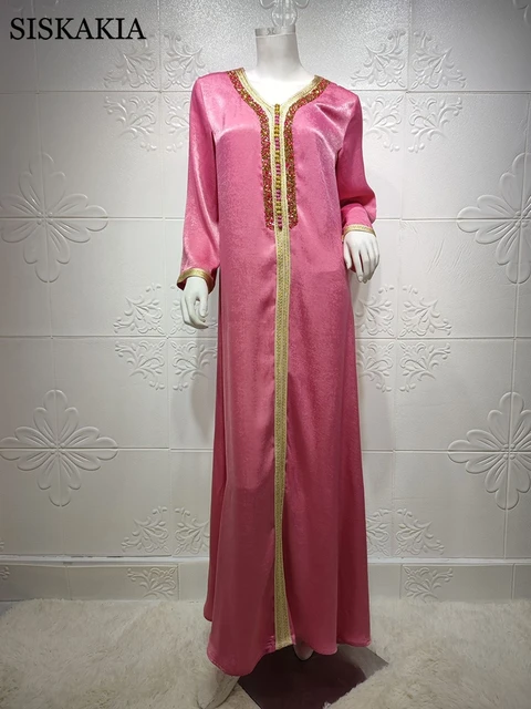 Siskakia Ramadan Eid Pink Maxi Dress For Women Modest Muslim Turkey Arabic Dubai Diamond Ribbon V Neck Long Sleeve Jalabiya 2021 2