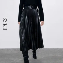 Зимние юбки из искусственной кожи с высокой талией, Женская плиссированная юбка, повседневная, с бантом, шикарная, офисная, длинная, уличная, женская черная юбка