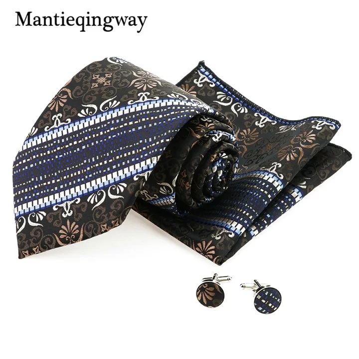 Mantieqingway для мужчин наборы галстуков цветочный принт галстук, шейный платок и запонки набор Карманный квадратный галстук для мужчин из полиэстера 8,5 см галстуки