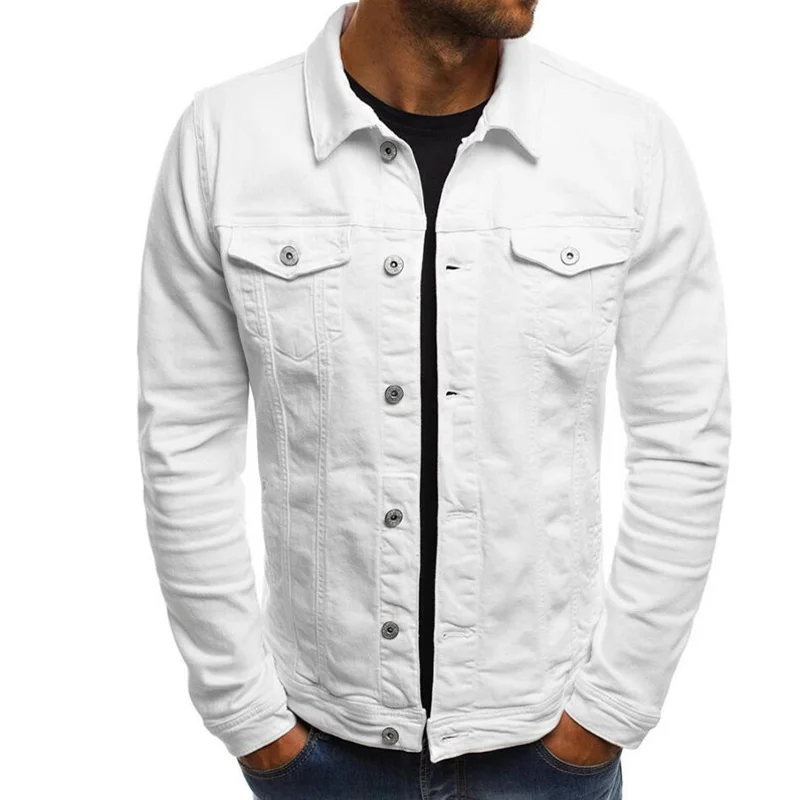 white Man Jacket Джинсовая мужская куртка, приталенные мужские куртки, пальто, однотонный хлопок, на пуговицах, Ретро стиль, пальто, для улицы, рабочие, американская повседневная одежда, Прямая поставка - Цвет: white Man Jacket