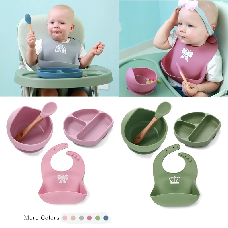 Juego de vajilla sin BPA alimentación de bebé, cuencos de silicona para alimentación de niño pequeño, bandeja, baberos, vajilla infantil, 4 Uds.|Platos| - AliExpress