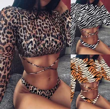 長袖水着 3 ピース水着ヒョウブラジルひもビキニプッシュアップ水着女性 Biquini ビキニ 2019 mujer(China)