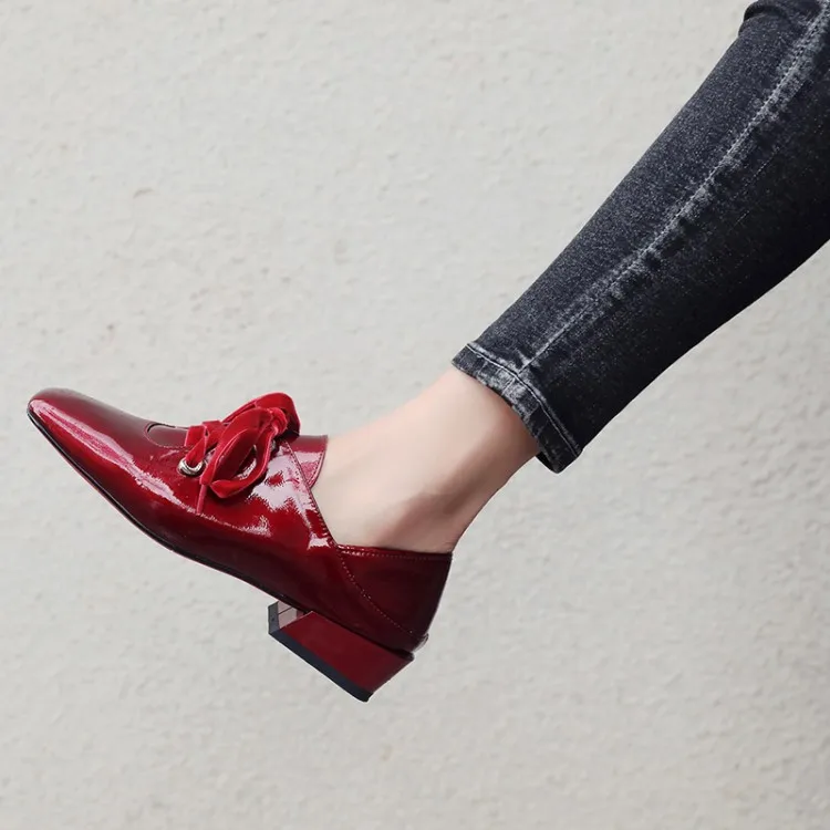 

Spring Summer WOMEN'S Shoes Square Heel Square Head Enameled Leather Low-top Shoes Chunky-Heel Lace-up Mary Jane Red Women's Sin