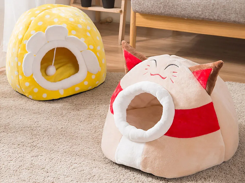 Cute Cat Bed Semi-closed Cats House Soft Warm Small Medium Dog Bed Pet House Built-in Fun Decoration for Cat Teddy Chihuahua Mat-110