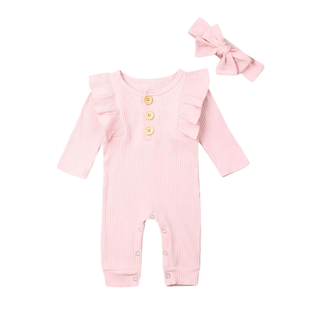 Комбинезон с длинными рукавами для новорожденных мальчиков и девочек, однотонный комбинезон, повязка на голову, Осенний трикотажный комплект одежды для малышей - Цвет: Розовый