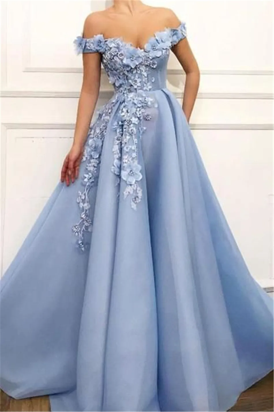 navy blue Выпускные платья с открытыми плечами вечерние платья с цветочной аппликацией красивое платье принцессы Тюлевое платье с открытой спиной de soiree - Цвет: navy blue
