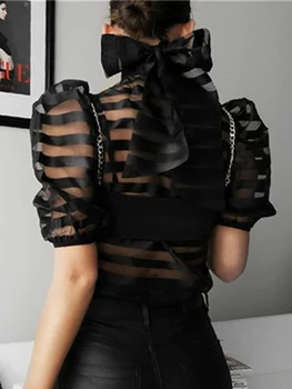 

Womens Sheer Back Striped Puff Sleeve Blouse women 2019 tops blouse shirt femme grande taille et chemisier femme With Bow
