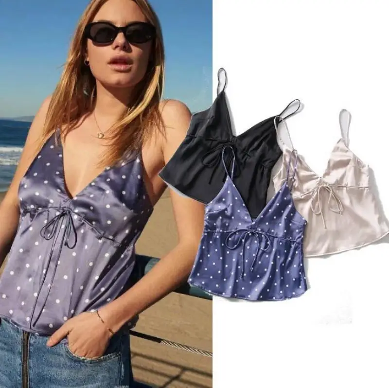 Топ женский атласный с V образным вырезом пикантная уличная одежда в горошек на