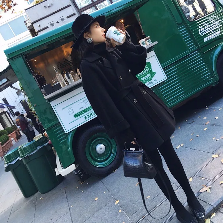 

Black double-sided cashmere woolen coat women autumn and winter 2019 autumn and winter new Hepburn style small plus size coat