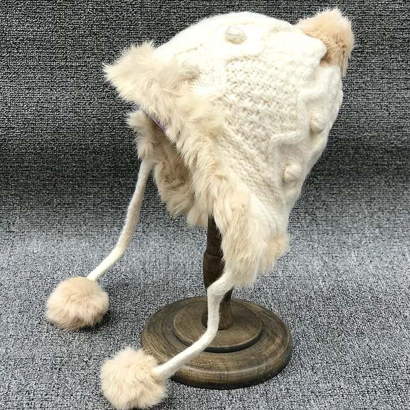 Beige Осенне-зимние шапки-бомберы, женские вязанные шапки-бобы, женские теплые шапки из натурального кроличьего меха с защитой от ушей, зимние фетровые шапки - Цвет: Beige