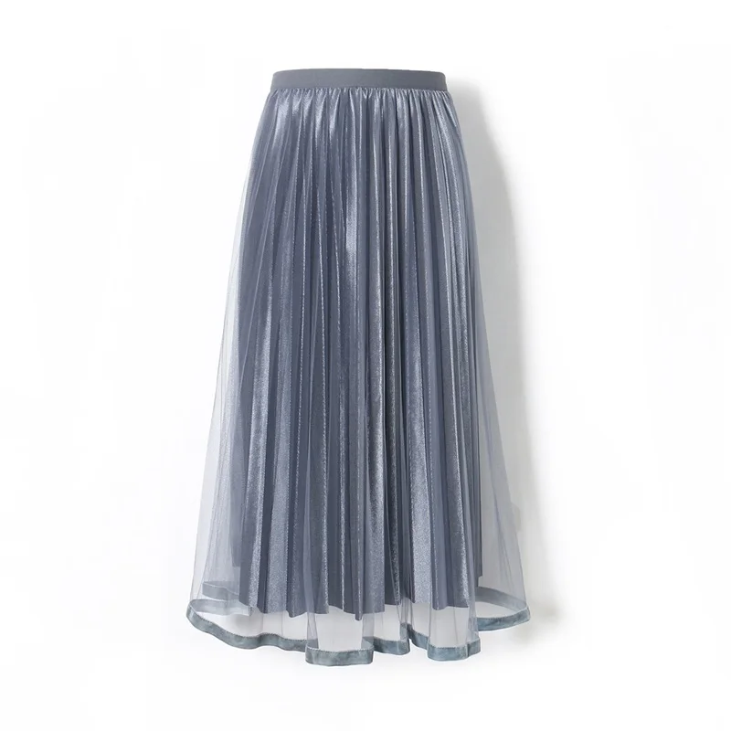 GLO-STORY, модная женская длинная однотонная плиссированная юбка с сеткой, эластичная резинка на талии, элегантные вечерние юбки - Цвет: Blue