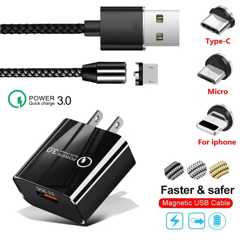 QC3.0 стены Зарядное устройство магнитный usb-кабель для зарядки для Samsung Galaxy S8 s9 s10 плюс s10e a8 plus a9 A30 M20 M30 A40 A70 A50