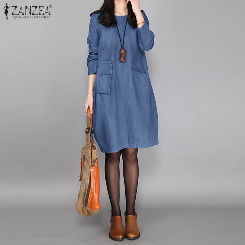 

M 5XL ZANZEA Women Solid O Neck Sundress Spring Vintage Long Shirt Vestido Casual Long Sleeve Work Denim Blue Dress Femme Robe