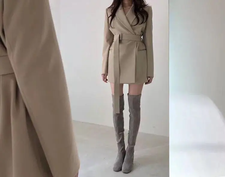 Черный, хаки длинный Костюмный пиджак ремень тонкая талия Дамская офисная куртка осень пальто оверсайз Корейская женская верхняя одежда