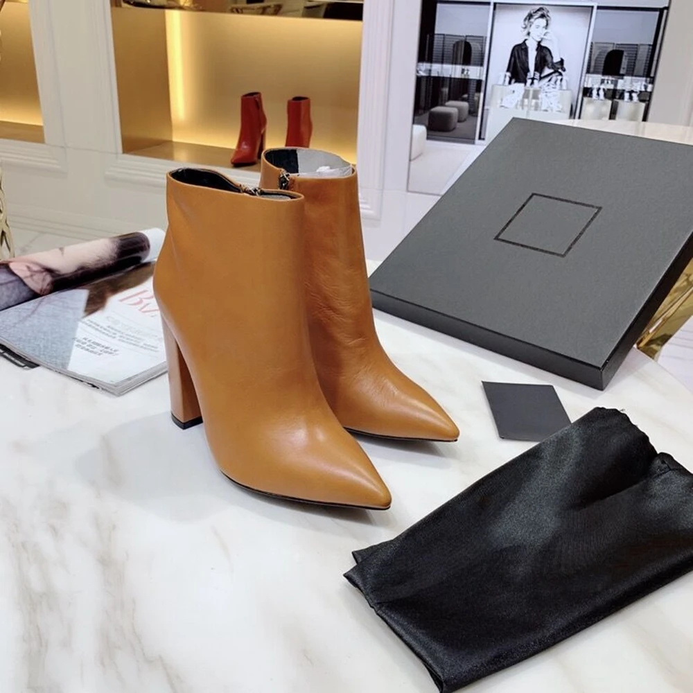 

Chueyz Women Ankle Boots Spring Autumn Zip Pointed Toe Shoes Genuine Leather High Heel Thick Heel Boots High Quality Size34-41