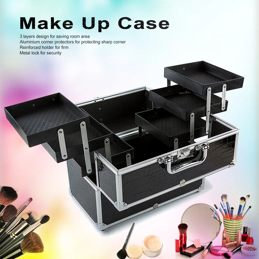 

Large Cosmetic Organizer Box Make Up Case for Make Up Tools Lockable Black Containing Storage Box