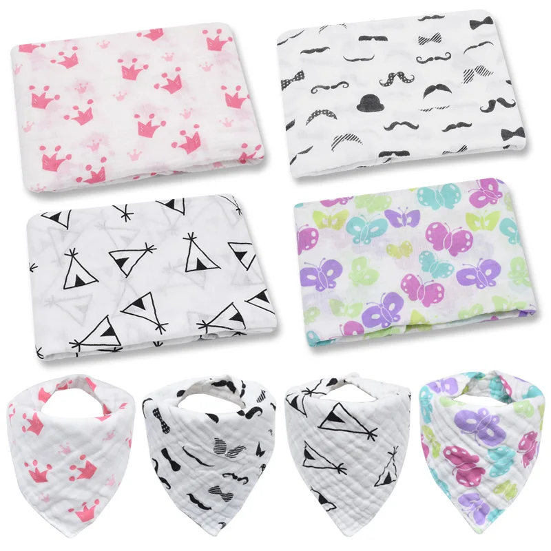 

Swaddle+bib Set muslin baby blanket swaddle wrap for newborn bath towel Gauze Infant Wrap sleepsack Stroller cover Play Mat