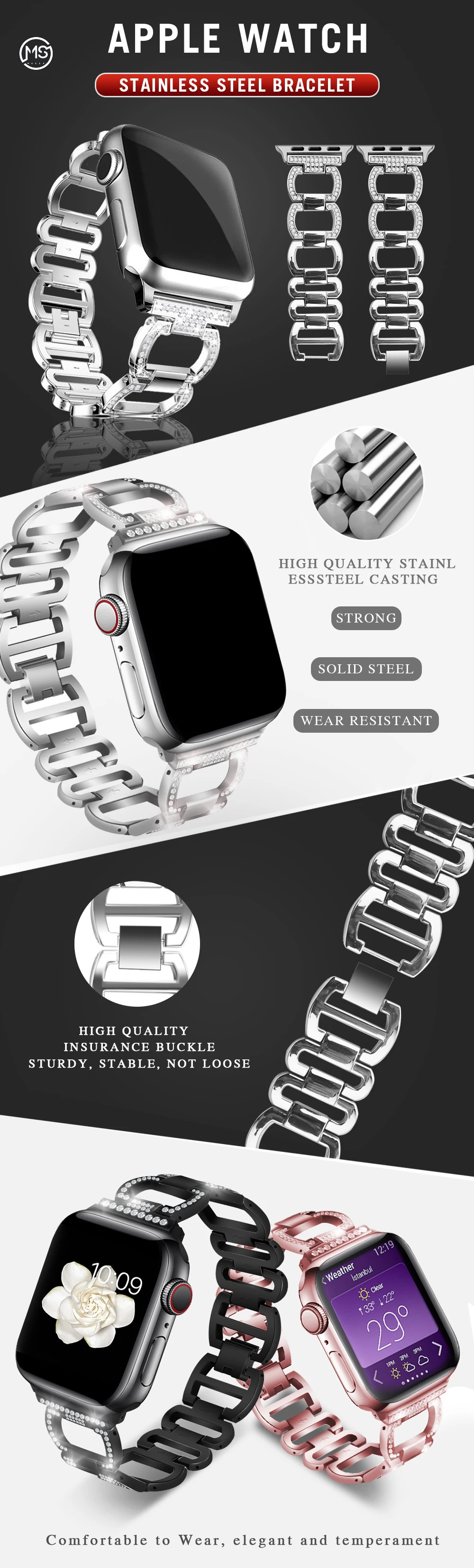 Бриллиантовый ремешок для apple watch series 5 4 3 2 1 браслет для женщин из нержавеющей стали iwatch ремешок 42 мм 38 мм 40 мм 44 мм аксессуары