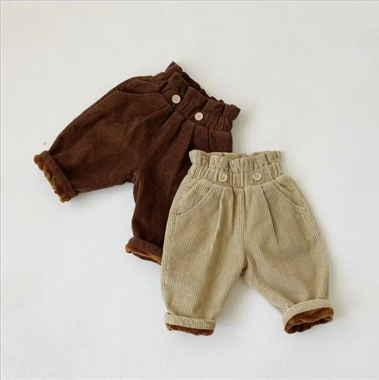 Вельветовые штаны для маленьких мальчиков и девочек, Утепленные зимние модные детские штаны, 0-4 года, HJ138
