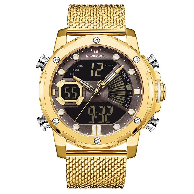 Gold Gold NAVIFORCE, мужские часы, Лидирующий бренд, Роскошные, с хронографом, золотые, кварцевые, водонепроницаемые, мужские часы, светодиодный, цифровой, аналоговый, мужские часы, Reloj Hombre - Цвет: Gold Gold
