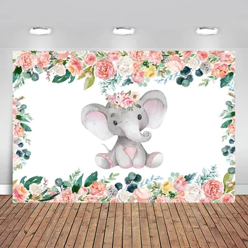 

Elephant Baby Shower Background Pink Girl Elephant Backdrop Floral Girl Birthday Party Banner Backdrops Photocall