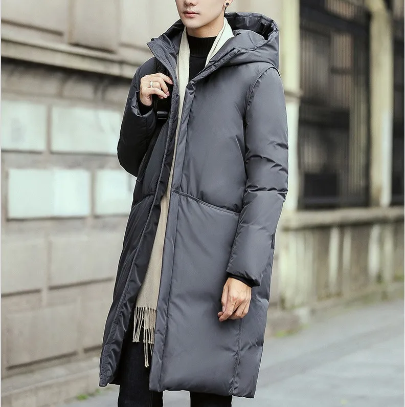 Black Gray Long Winter Down Jacket Men Thick Warm Hooded Loose Solid Outerwear Fashion Windproof Overcoat Mens Clothes YT50206