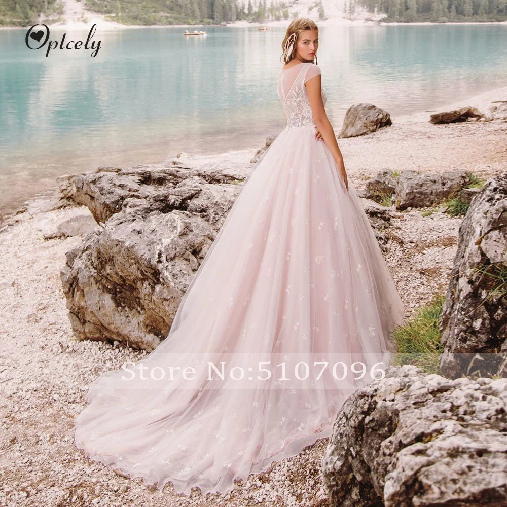 Optcely Vestido De Noiva Гламурные розовые прозрачные Свадебные платья с круглым вырезом и рукавом-крылышком свадебное платье с аппликацией и бисером