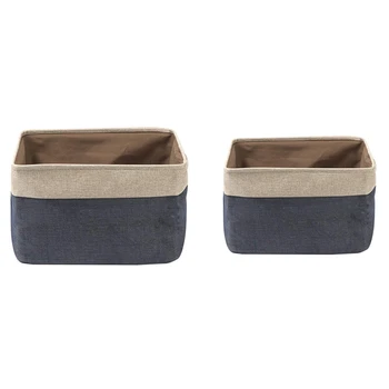 

2 Pcs Collapsible Fabric Storage Basket with Dual Handles, Foldable Toy Bins for Clothes Storage Dark Blue, L & S