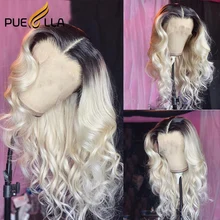Perruque Lace Frontal Wig Loose Wave brésilienne naturelle, blond platine, 13x4, avec racines foncées, pour femmes