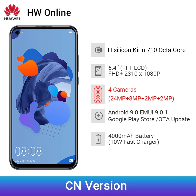 Huawei Nova 5i мобильного телефона 6,4 дюймов Kirin 710 Android 9,0 2310x1080 Тип-C мобильного телефона 24.0MP