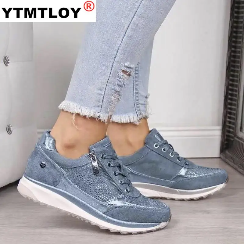 Zapatillas de deporte informales con cuña para mujer, zapatos planos con cremallera y cordones, cómodos, vulcanizados, para exteriores, 2020
