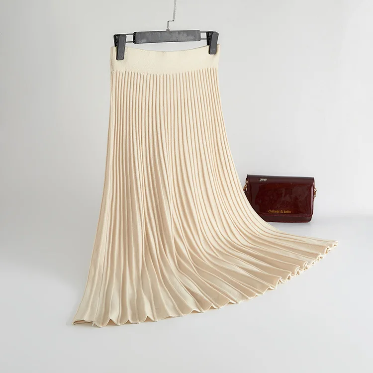 HLBCBG вертикальный полосатый вязаный женский свитер юбка эластичная лента Плиссированные Миди юбки шикарные с высокой талией трапециевидные юбки женские