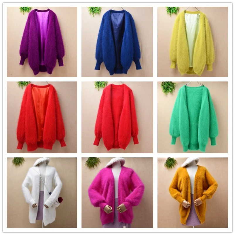 Lady women spring medium long real angora rabbit fur loose lantern long-sleeves hand knitted mink cashmere sweater coat cardigan |