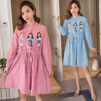 

2020 Spring Autumn Pregnancy Dresses Mama Clothes Fashion Embroidered Stripe Medium Long Sleeve Loose Printed Women Dress