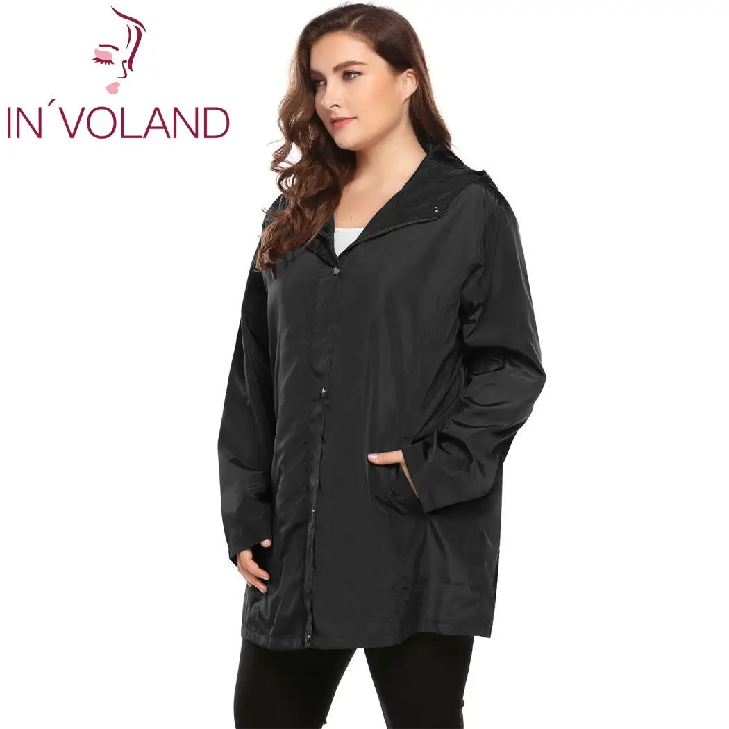 IN'VOLAND Женское пальто с капюшоном размера плюс, повседневное осенне-зимнее ветрозащитное пальто на молнии с длинным рукавом, одноцветное Женское пальто
