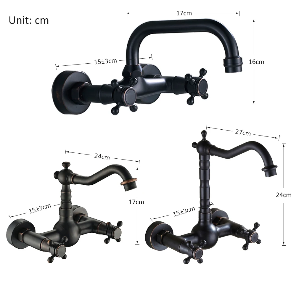 Quyanre Blackend Wall Mount Basin Faucets Dual Handles Mixer Tap Hot Cold Water Mixer Tap For Kitch