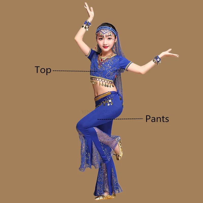 2pcs Royal blue Костюмы для восточных танцев для девочек; египетские Детские костюмы для танца живота; SetEgyptian Bollywood; индийская одежда для танца живота; Индия; 3 цвета - Цвет: 2pcs Royal blue