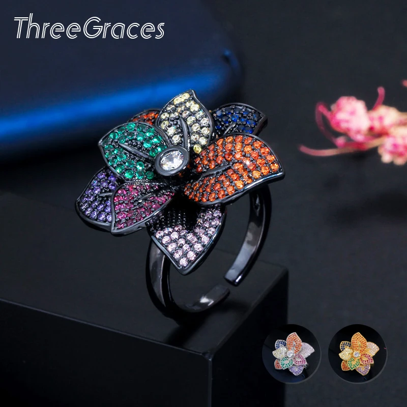 ThreeGraces 3D винтажный CZ многоцветный большой эффектный регулируемого размера с Цветком Листьев открытые, кольца на палец для свадебного помолвки подарок J0104