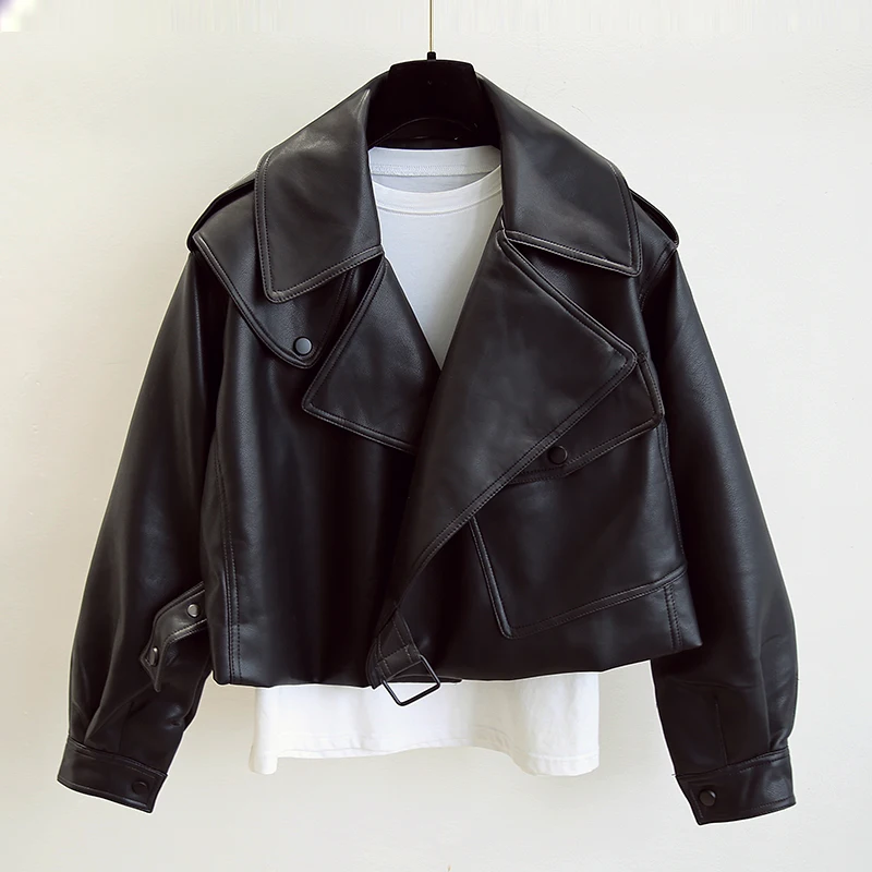 Jacket Biker Outerwear White Coat Turndown-Collar Spring Faux-Leather Loose Women FTLZZ