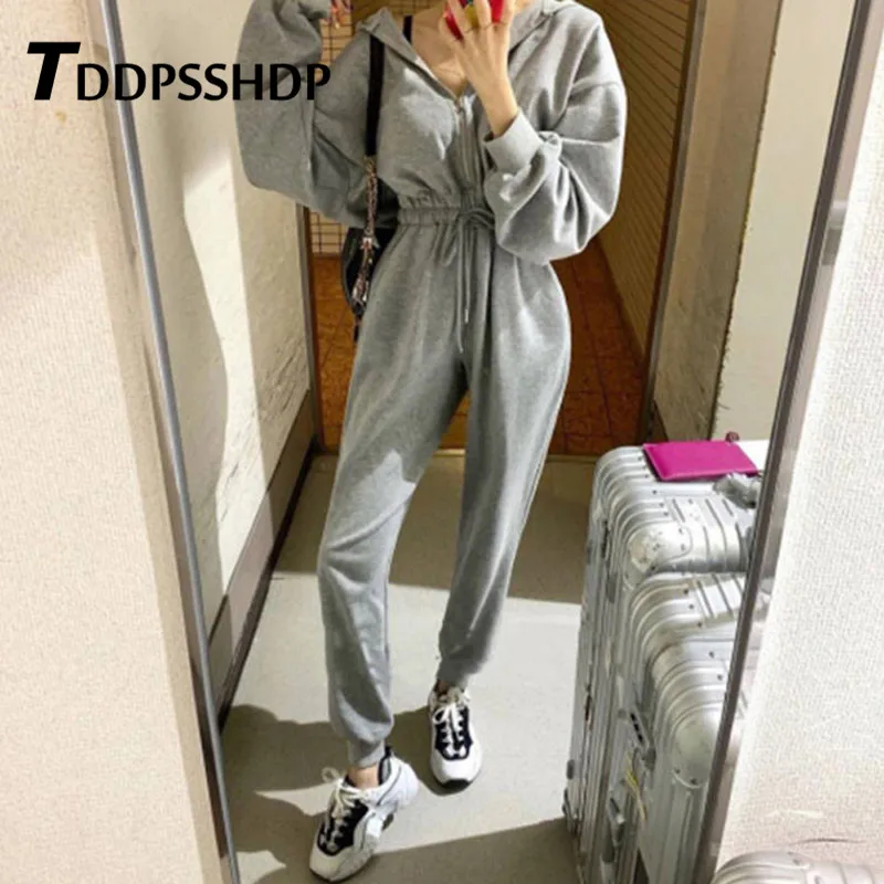 

2019 Autumn Grey And Black Color Can Choose Women Jumpsuit Hoodie Female Playsuits