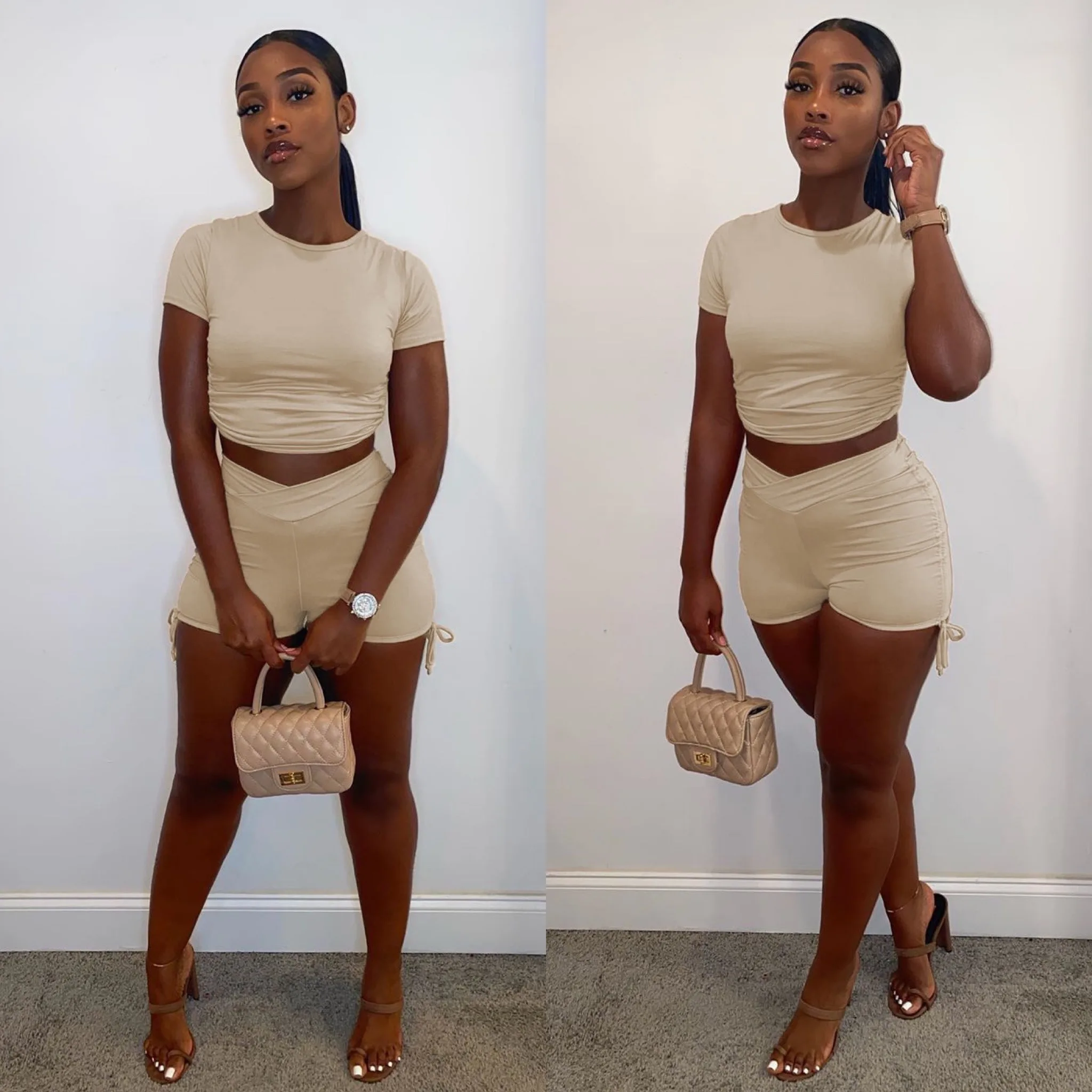 

2020 New summer sexy lady 3 colors solid 2-piece Biker shorts set T-Shirt Crop Top skinny Fitness shorts sets