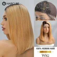 

HAIRCUBE Bob Wig 13*1 Lace Front Human Hair Wigs Shoulder Length Ombre Honey Blonde Golden Side Part Remy Hair Wigs for Women