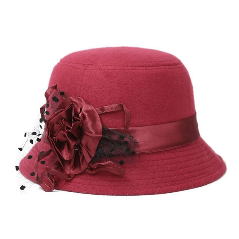 Fashion Vintage Women Hat Imitation Woolen Flower Autumn Winter Keep Warm Bucket Cap Elegant Ladies Bowler Hats