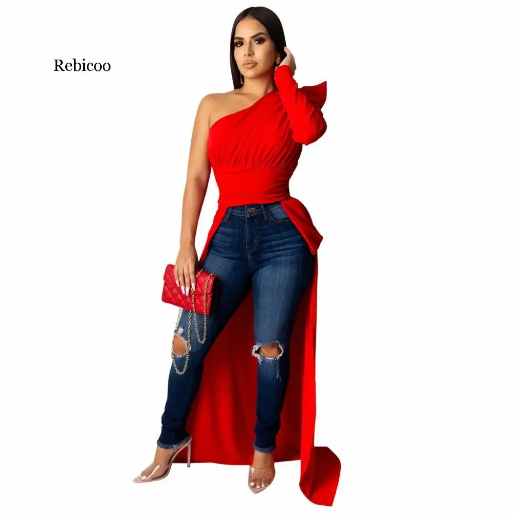 

Fashion Women Blouses One Shoulder Puff Sleeve Irregular Elegant Solid Color Female Tops Short Front Long Back Autumn