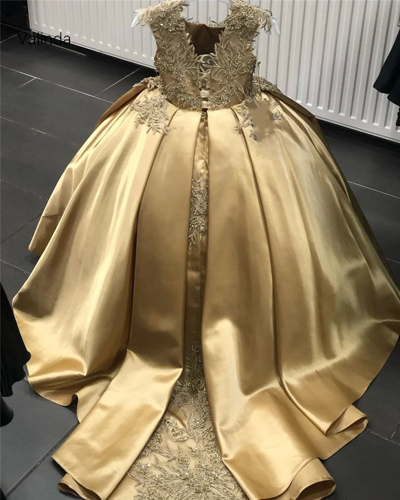 2023 Gold Ball Gown Girl Dresses for Pageant Birthday Party Kids Couture