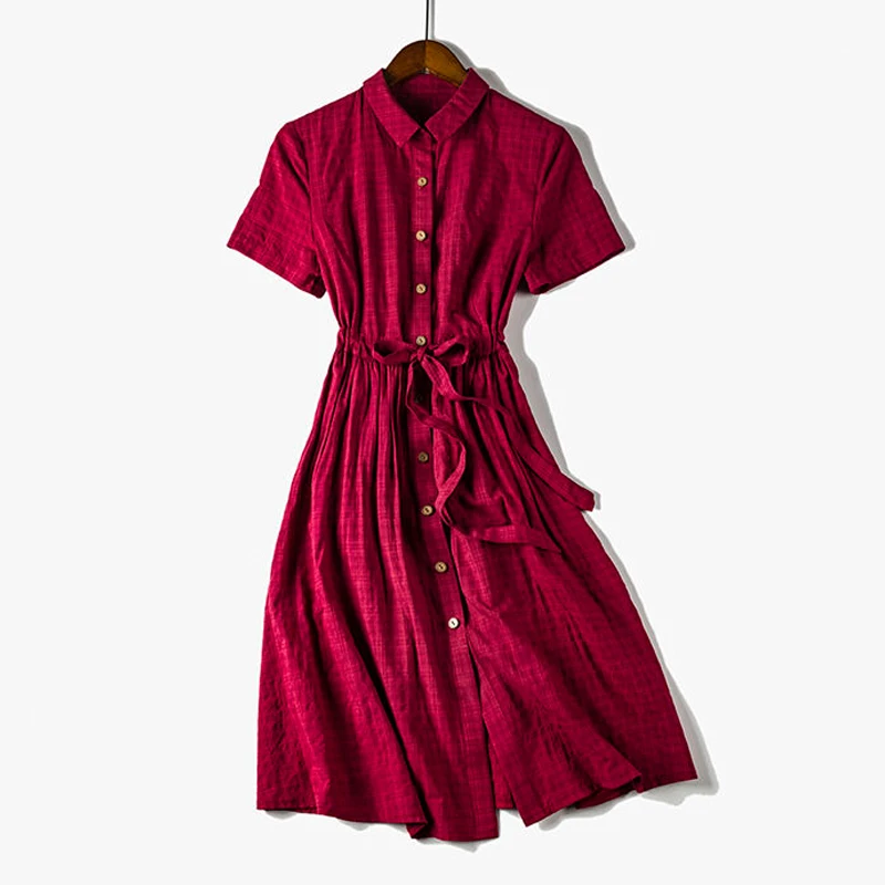 Surufeng Fashion Vintage Simple Solid Turndown Collar Button Knee