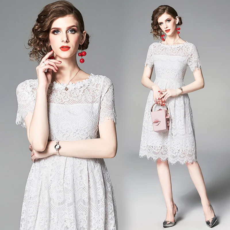 

Ozhouzhan 2019 Summer New Style Debutante Elegant Lace Crew Neck Short-sleeve Dress Slim Fit Big Hemline Dress
