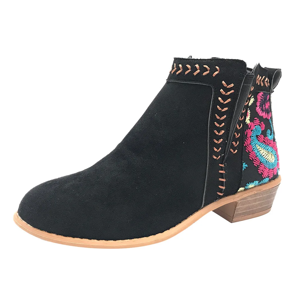Shoes Women Autumn Winter Boots Women Casual Booties Rome Large Size Embroider Flower Square Heels Short Boots Shoes
