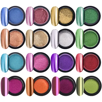 

16 Jars Chrome Nail Powder Metallic Nail Art Powder Mirror Effect Manicure Pigment with 16 Pcs Eyeshadow Sticks